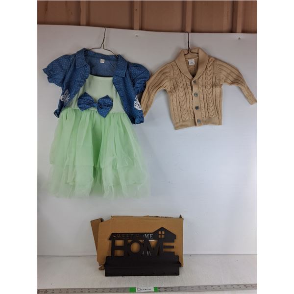 Girl's Dress ( Approx Size 2), Cardigan (Approx Size 6 mos), Metal Key Ring Holder - 8"x12"