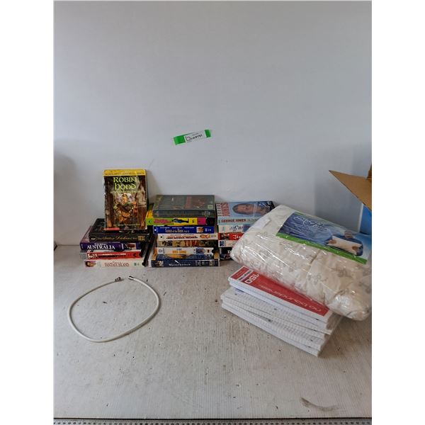 Assorted VHS Tapes, Paper, Pillow, Robin Hood Book, Wire Untested