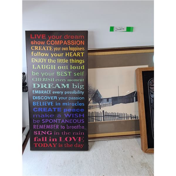 (1) Inspirational Canvas, (1) Painting, (1) Clock with Picture, Cannot Ship