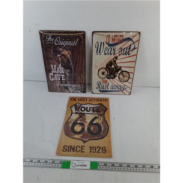 (3) Metal Signs- Man Cave, Route 66, MIsc. 11.79" x 7.75"