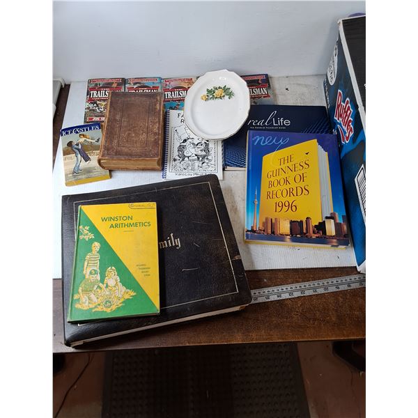Assorted Books and Georgia Rose Plate, German Bible, Recipes Trailsman
