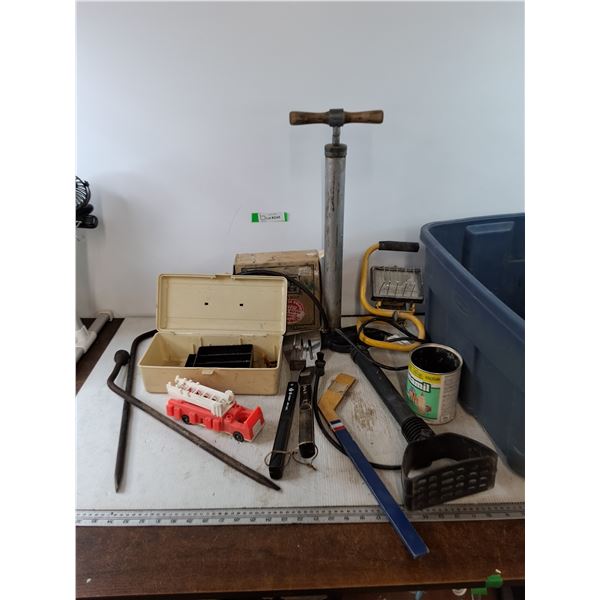 Tackle Box, BBQ Accessories, Toy Firetruck As Is, (2) Working Tire Pumps and Light, Cannot Ship