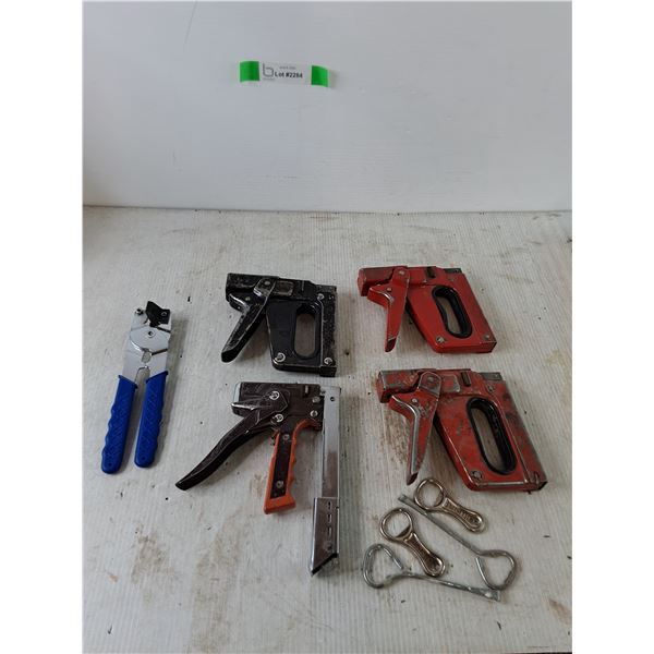 (4) Staple Guns, (4) Bottle Openers, Wire Benders