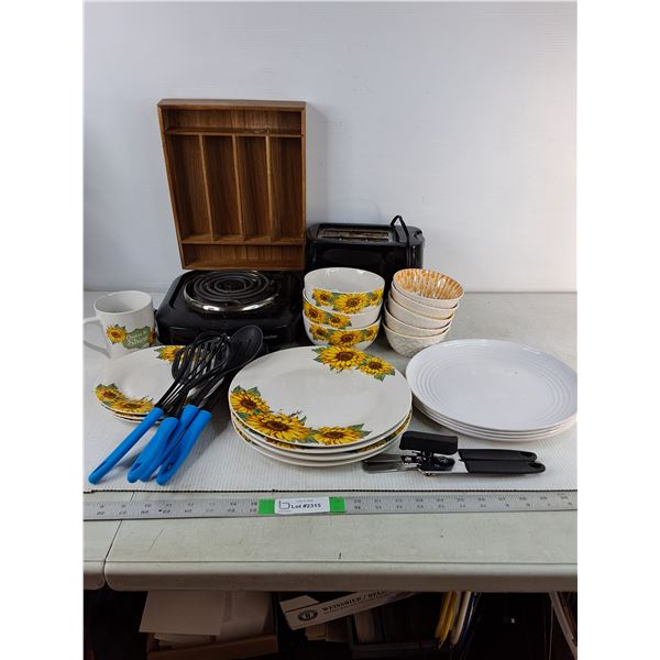 Hot Plate- Powers On, 2 Slice Toaster- Powers On, (8) Bowls, (8) Dinner Plates, (3) Side Plates, Mis