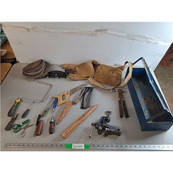 Tool Lot- Metal Toolbox 18" x 6 .25" x 8", Tool Pouch, Bench Vise, Misc.