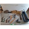Image 1 : Tool Lot- Metal Toolbox 18" x 6 .25" x 8", Tool Pouch, Bench Vise, Misc.