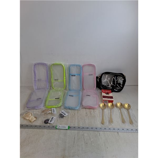 (8) Pencil Cases 9"x4.5", Clear Bag, 9"x6.5", (4) Golden Colored Soup Spoons, Tim Hortons Coffee