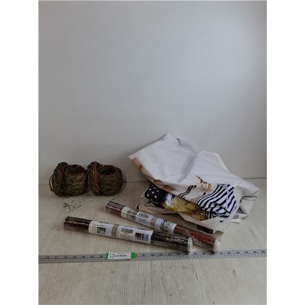Christmas Backdrop Approx 94.5"x71", (2) Sunlight Catchers Sealed, (2) Pine Baskets For Birds 4"