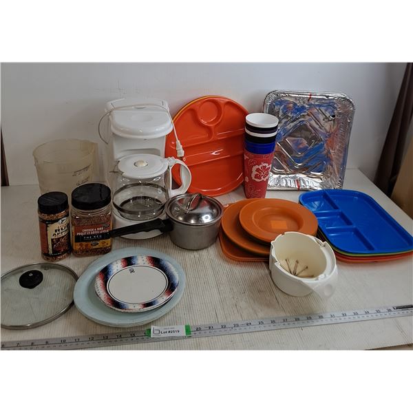 Coffee Maker Powes On, Spices, Plastic Plate Up To 12", Plastic Cups, Small Pot 5.5", Misc, Cannot S