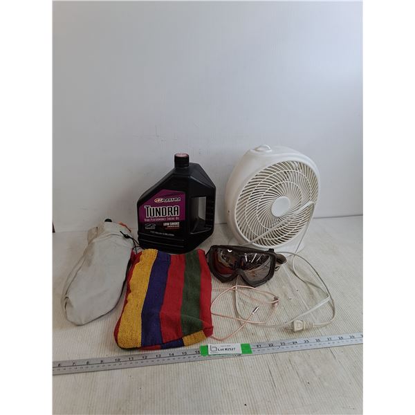 Tundra Engine Oil 1/4 Full, Fan 13"x11" Powers On, Metal Tent Stakes, Misc