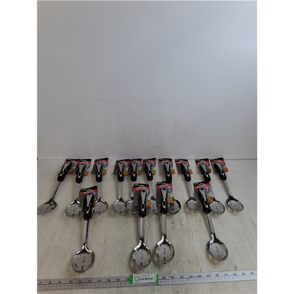 (14) Metal Slotted Spoons Appear Unused