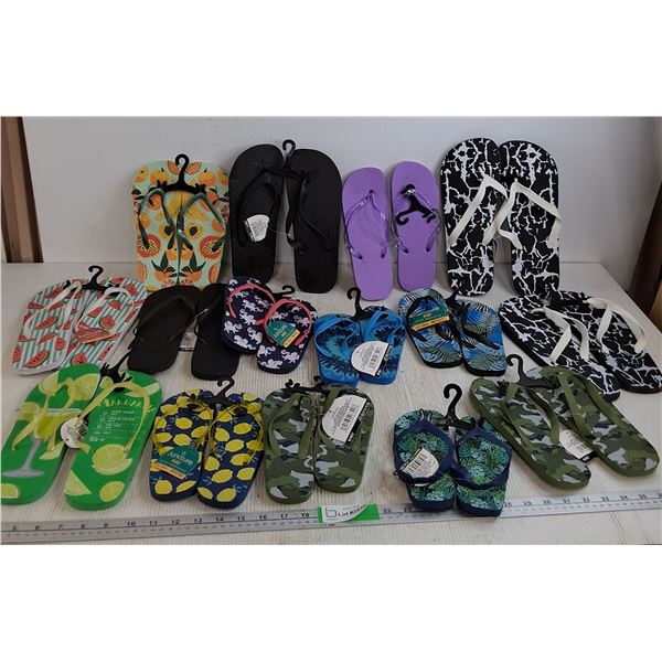 Various Pairs Of Kids, Women, And Mens Flipflops From Kids Size 9/10 To Mens XL (Size 12/13)