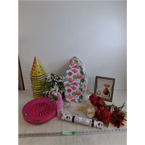 Decorative Serving Trays 16'x8.5', Picture Frame As Is 5"x7"Party Hats, Spray Bottle, Vase 7" Diamet