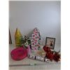 Image 1 : Decorative Serving Trays 16'x8.5', Picture Frame As Is 5"x7"Party Hats, Spray Bottle, Vase 7" Diamet