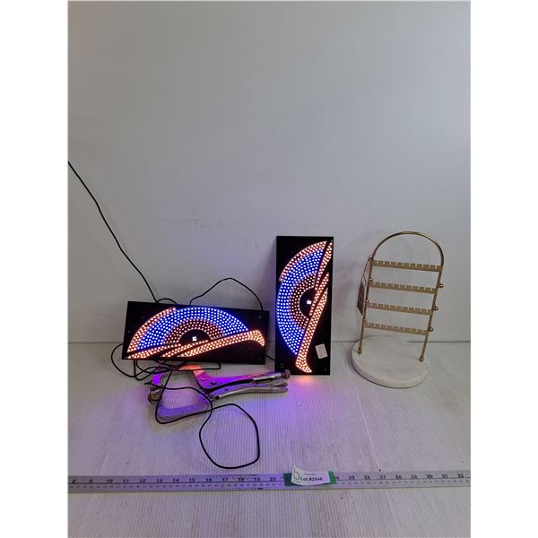 (2)Neon Light Up Signs 11 3/4"x4 3/4", Irwin Vise Grip 11sp, Jewelry Tower As Is
