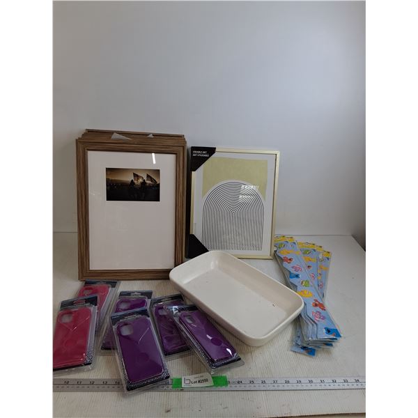 (7) Picture Frames Up To 16"x12", (6) Iphone 12 Pro Cases, Sesame Street Wall Borders, Baking Dish 1