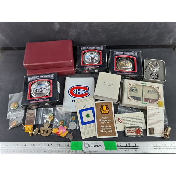 Harley Davidson Ornaments, Assorted Lapel Pins, Playing Cards, Avon Pocket Watch, Misc