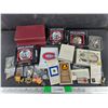 Image 1 : Harley Davidson Ornaments, Assorted Lapel Pins, Playing Cards, Avon Pocket Watch, Misc
