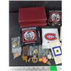 Image 2 : Harley Davidson Ornaments, Assorted Lapel Pins, Playing Cards, Avon Pocket Watch, Misc