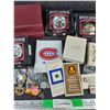 Image 3 : Harley Davidson Ornaments, Assorted Lapel Pins, Playing Cards, Avon Pocket Watch, Misc