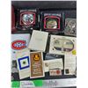 Image 4 : Harley Davidson Ornaments, Assorted Lapel Pins, Playing Cards, Avon Pocket Watch, Misc