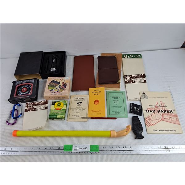 Harley Davidson Ornament, SGI Flashlight, John Deere Playing Cards, Back Scratcher, Misc