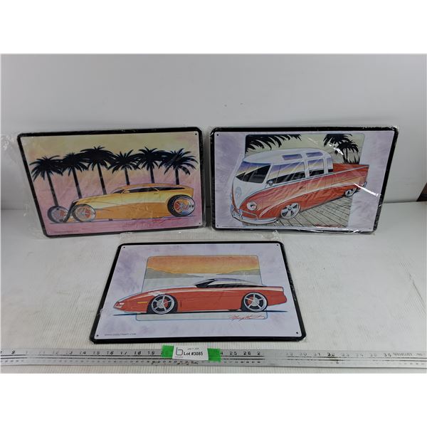 (3) Cooltinart Vintage Car Metal Signs 16" x 12"