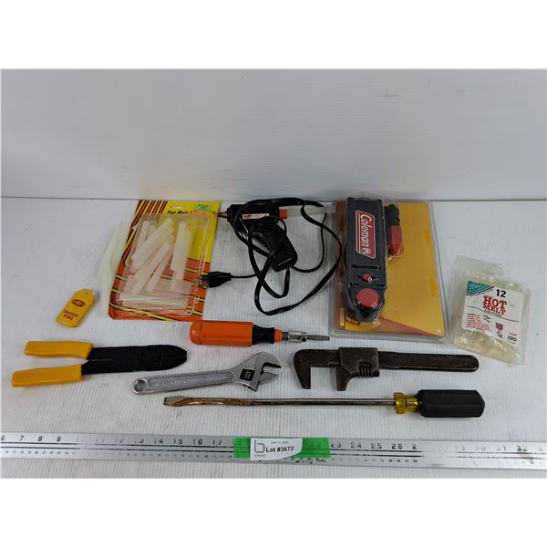 Glue Sticks & Glue Gun, Wire Crimping Tool, Pipe Wrench, Screwdriver, Coleman Portable Power Source,