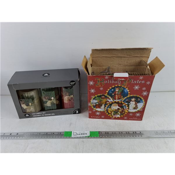 LED Candle Set & Set of 4 Holiday Ceramic Plates