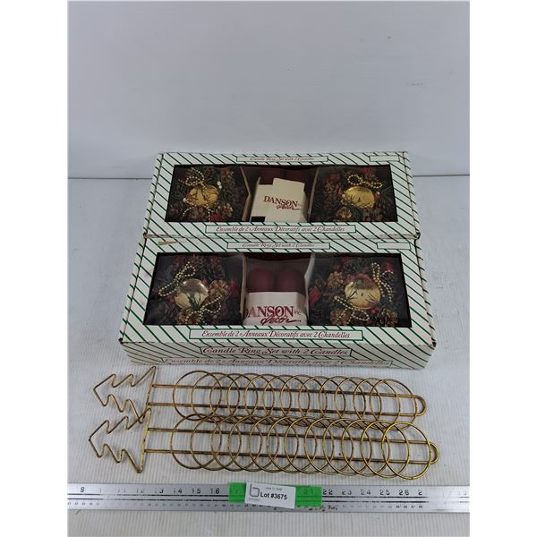 Christmas Card Holders & (2) Candle Ring Set w/ 2 Candles