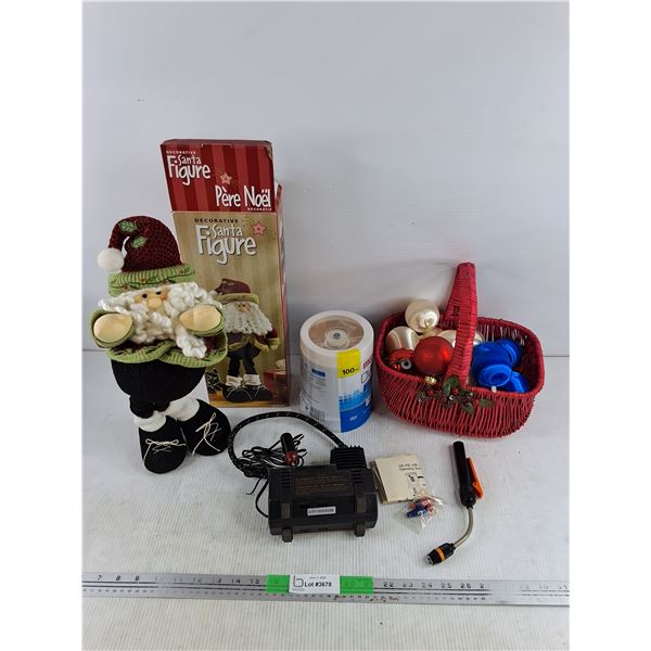 Decorative Santa Figure, 250 psi Air Compressor, CDs, Christmas Ornaments & Basket, Clip On Light - 