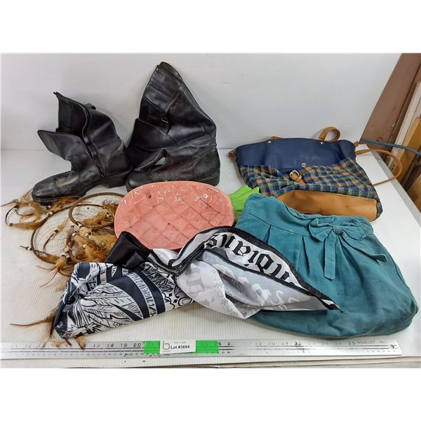 (2) Purses, Dream Catchers, Women's Boots - Size 10, Fruit Dish, Misc