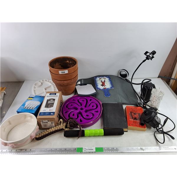Planters, Water Pump, Weiser Smart Lock, Electric Lantern, Thomas Harris Book, Misc