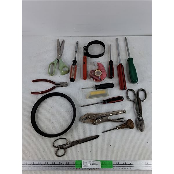 Assorted Screwdrivers, Tin Shears, Vise Grips, Strap Wrench, Misc
