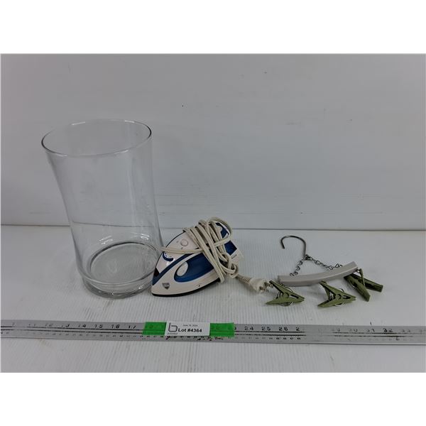 Glass Vase, Sunbeam Clothes Iron - Powers On, As Is, Mini Hanger