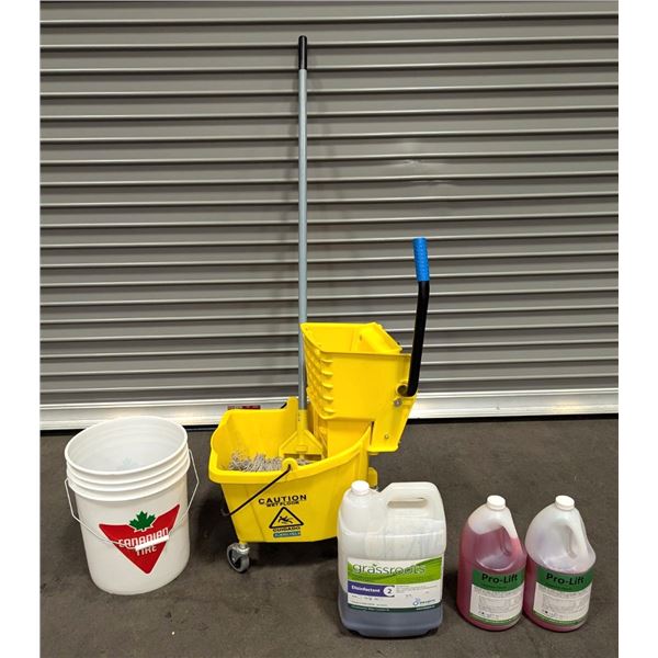 Mop Bucket w/Wringer & Assorted Cleaning Supplies