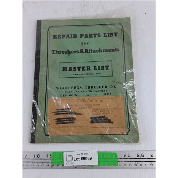 Vintage Repair Parts List for Threshers & Attachments