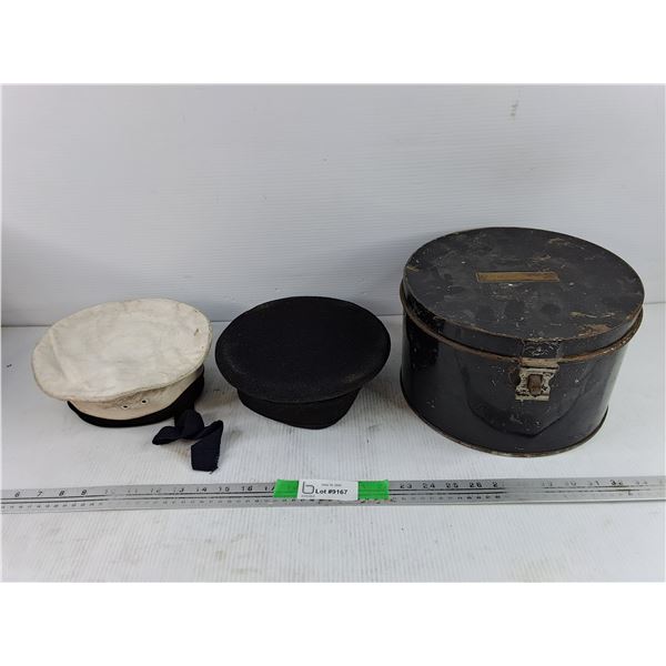 Antique H.M. Skidmore Metal Hat Box & (2) Antique Hats