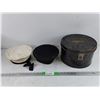Image 1 : Antique H.M. Skidmore Metal Hat Box & (2) Antique Hats