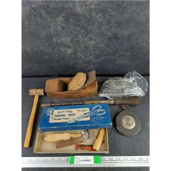 Vintage Wood Plane, Measuring Tape, Drill Bits, Mallet, Misc