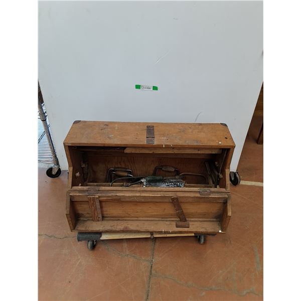 *Wooden Tool Box, Hand Drills, Bits, Leather Knife, Misc 31" x 19" x 11", PICKUP ONLY