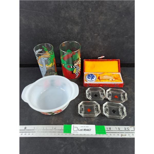 Glass Ash Trays, Fire King Milk Glass Bowl, Glasses, Misc
