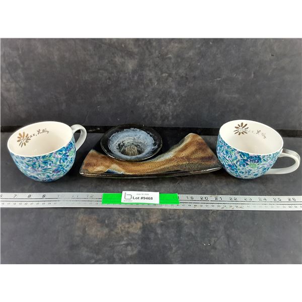 Ceramic Plant Holder, (2) Ceramic Mugs