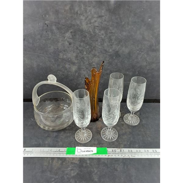 Glass Basket, Amber Glass Vase & (4) Crystal Goblets