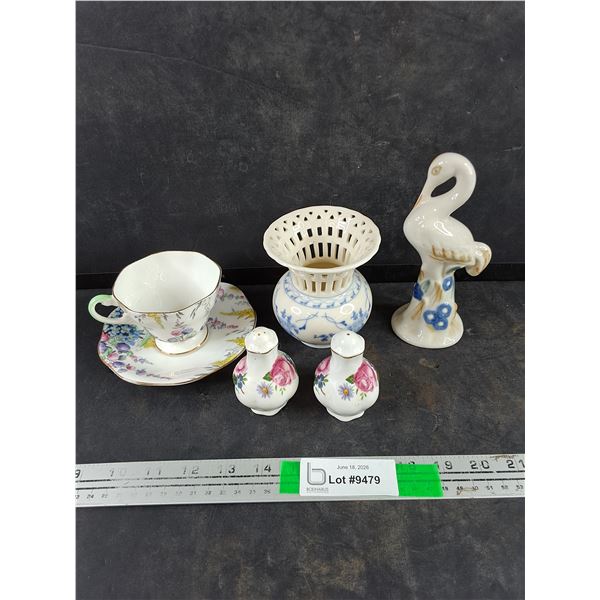 Foley China Tea Cup & Saucer, Salt & Pepper Shakers, Ceramic Vase & Swan Ornament