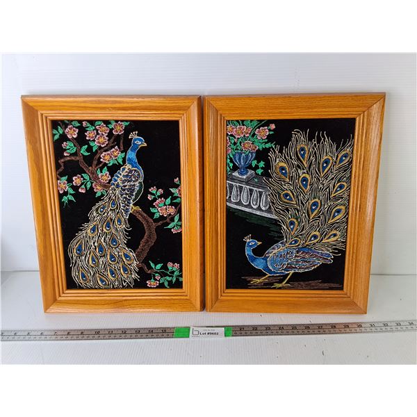 (2) Framed Liquid Embroidery Peacock Art Pieces 16.5" x 12.5"
