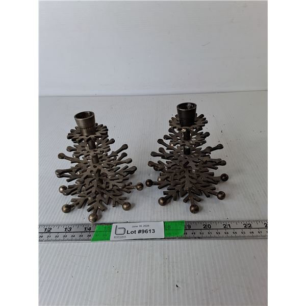 (2) Brass Snowflake Candleholders 5.5"