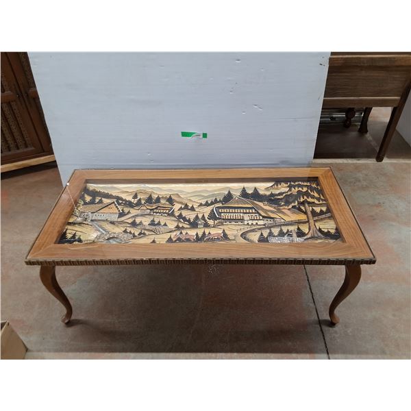 *Vintage Carved Wood Hand Painted Austrian Village Coffee Table 47" x 22" x 18" PICKUP ONLY