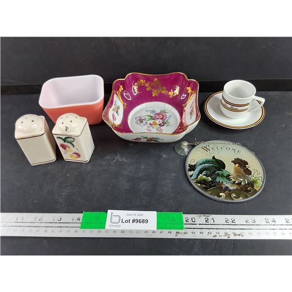 Ceramic Salt & Pepper Shakers, Milk Glass Bowl, Tia Maria Espresso Cup & Saucer, Misc