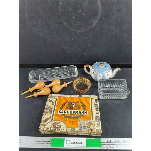 Gibsons Ceramic Tea Pot, Glass Corn Dish, Carl Upmann Cigar Box, Misc
